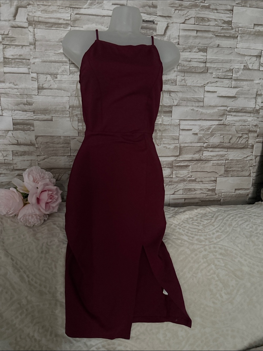 Spaghetti Strap Burgundy Midi Dress